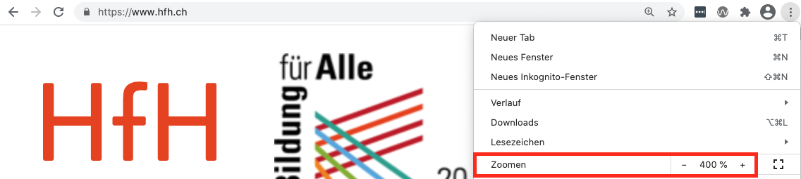 Screenshot eines Browserfensters in Chrome. Die drei Punkte oben rechts &ouml;ffnen das Men&uuml;. Im Men&uuml; ist die Option "Zoomen" rot umrandet.