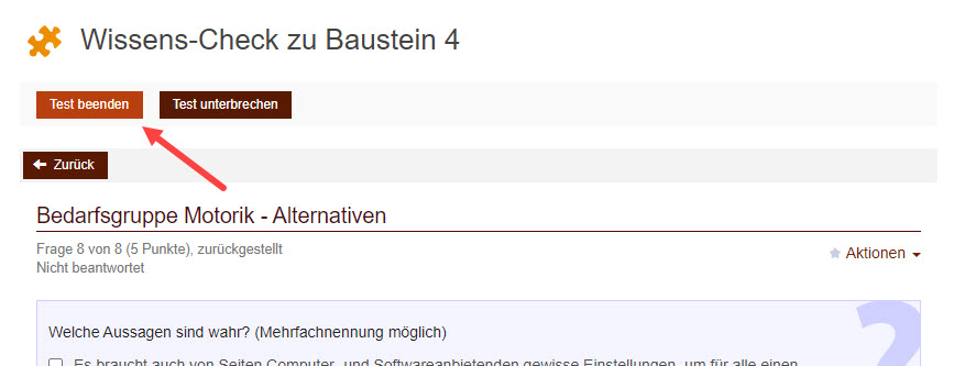 Screenshot von ILIAS Test. Pfeil zum Knopf "Test beenden" oben links.