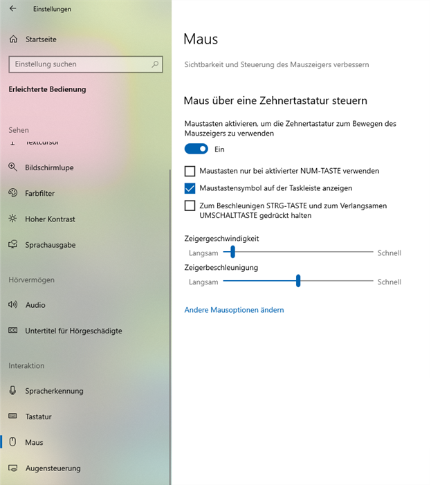 Screenshot von Windows unter Einstellungen > Erleichterte Bedienung > Maus. Die Option "Maustasten aktiveren, um die Zehnertastatur zum Bewegen des Mauszeigers zu verwenden" ist aktiviert.
