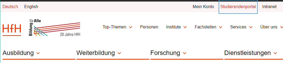 Screenshot des Headers der Webseite www.hfh.ch. Um den Menüpunkt "Studierendenportal" hat es einen blauen Rahmen.